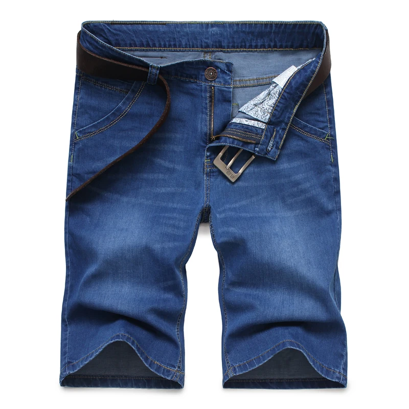 Летние брендовые Стрейчевые тонкие высококачественные хлопковые мужские джинсы деним короткие мужские шорты до колен мягкие синие повседневные шорты размера плюс 28-46