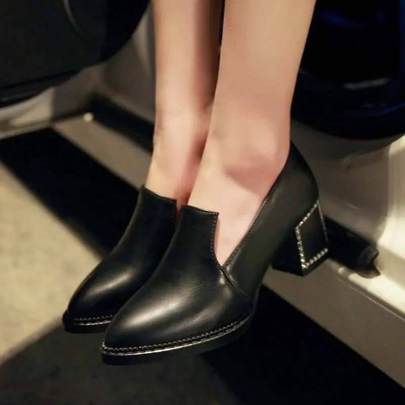 

Hot Sale Women Pumps Solid Slip On High Heel Shoes Thick Square Heel Platform Shoes Pointed Toe Slim Office Big Size Pumps