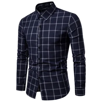 

Brand 2018 Fashion Male Shirt Long-Sleeves Tops Rice White Lattice Mens Dress Shirts Slim Men Shirt S-XXL