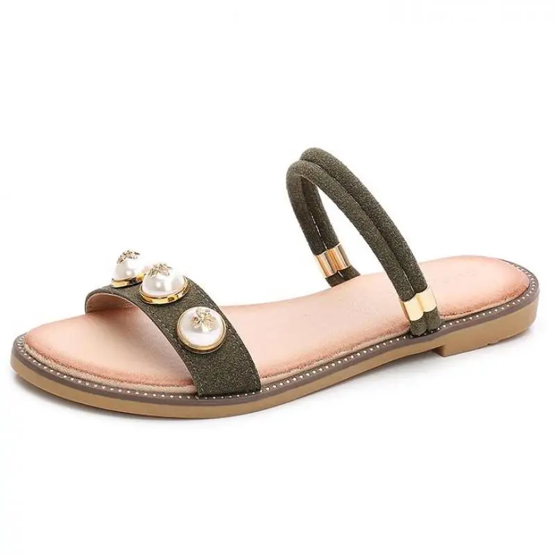 

Rhinestone Pearl Sandals Flat Women Flip Flops Summer Beach Sandals Beige Black Army Green Comfortable Slippers Plus Size 35~41