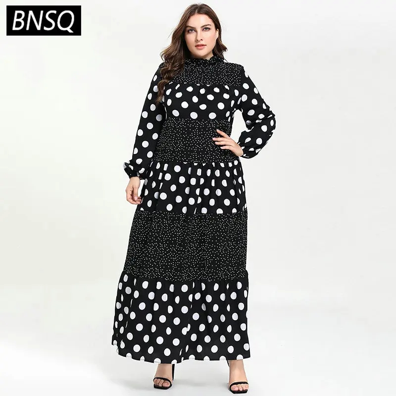 

BNSQ Spring Polka Dot Patchwork Women Maxi Long Dress Plus Size Ruffle Collar Female Long Dresses Casual Ladies Clothes