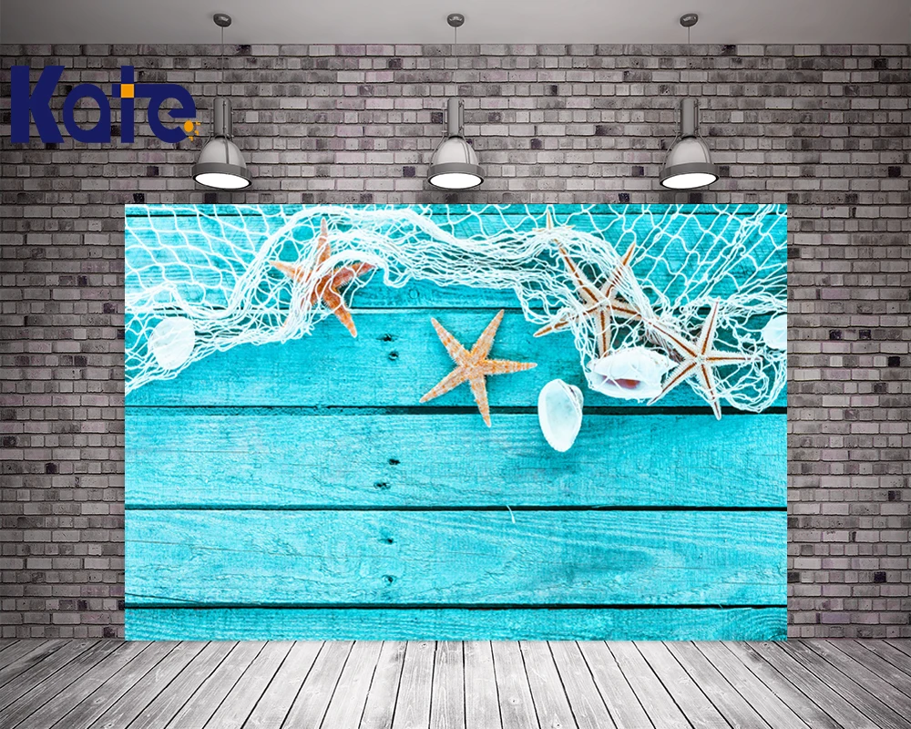

Kate Blue Wooden Wall Birthday Photography Backdrop Fishing Net Starfish Shells Backgrounds for Photo Studio Children Background