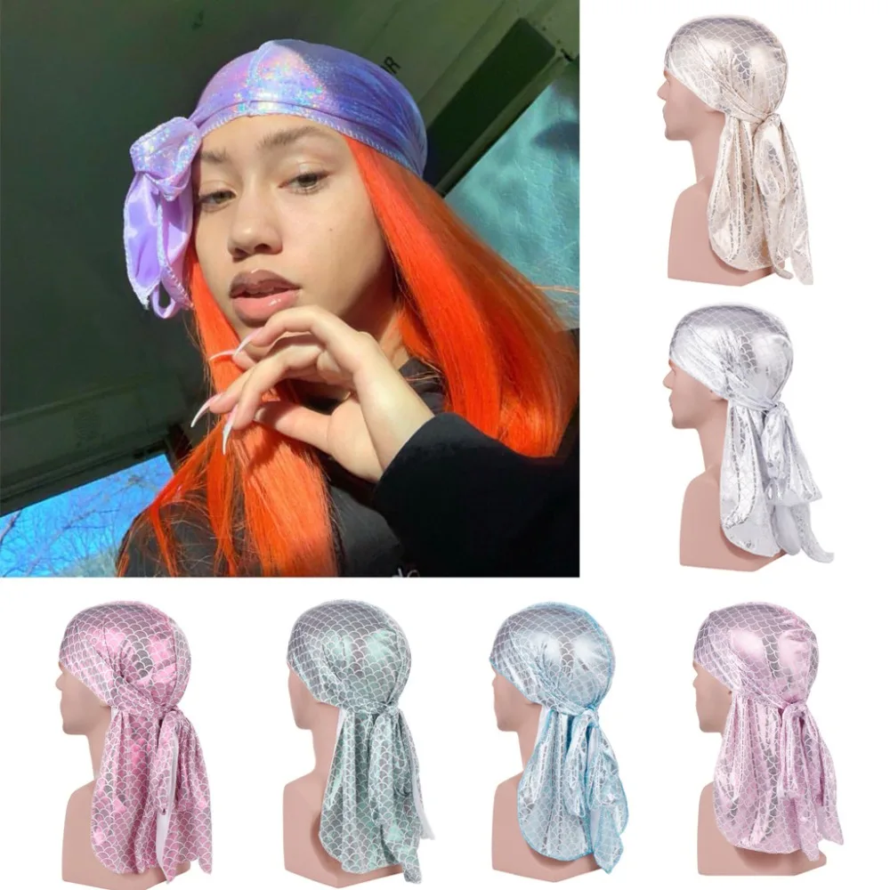 

New Unisex Long Silk Scale Laser Breathable Bandana Turban Hat Wigs Doo Durag Biker Headwear Pirate Hat Men Hair Accessories