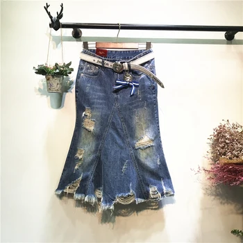 

New Spring Fashion Laides Denim Skirts Medium-long High Waist Hole Denim Skirts All-match Female Fishtail Skirt Slim Hip