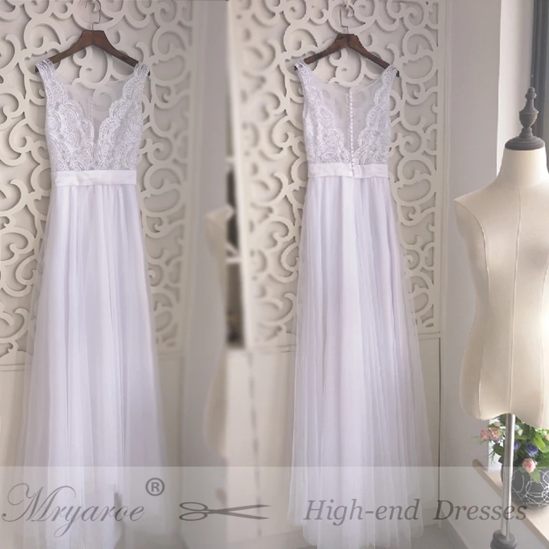 Mryarce Beach Wedding Dresses Illusion Neckline Lace Appliques Flowy Tulle Summer Wedding Dress Bridal Gowns With Buttons (1)