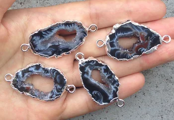 

YA2240 Natural Geode Agat Stone Druzy Connecter Pendant Silver Plated 43x21x4mm