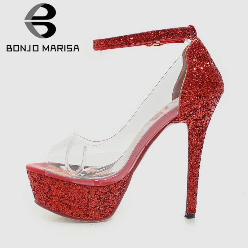 

BONJOMARISA New Shining Women Evening Sandals 2019 Summer Ladies Sexy Supper High Heels Night Club Platform Shoes Woman 34-43