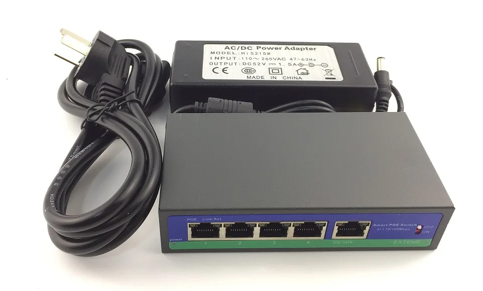 

5Port 48V 4 PoE Injector Power Over Ethernet Switch For IP Camera 78W IEEE802.3af/at 1,2+/3,6- with Power Adapter