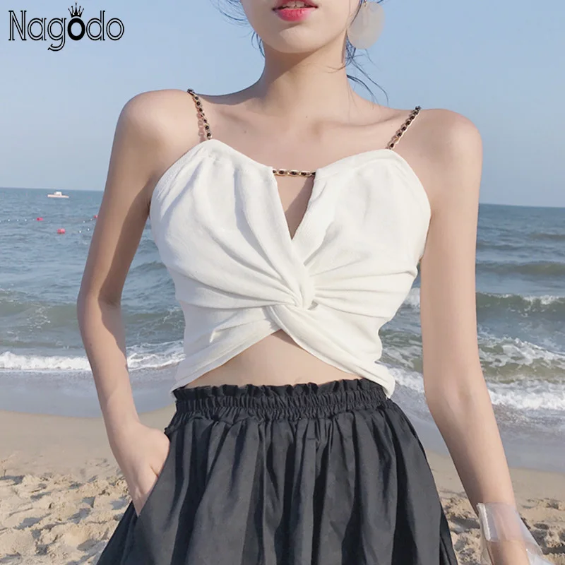 

Nagodo White Short Crop Top 2019 New Korean Summer Sexy Chain Camisole Halter Top Twist Off Shoulder Backless Tops Blusa Cropped