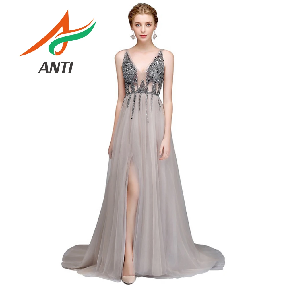 ANTI Sexy Evening Dress 2019 V-Neck Beads Open Back A Line Long Dresses Party Vestido De Festa High Split Tulle Gowns | Свадьбы и