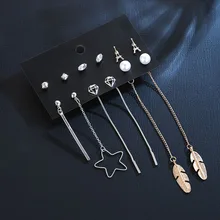 OATHYAN 6 пар/компл. Модные металлические серьги-капельки с длинной цепью набор микс для Для женщин ювелирные изделия с украшением в виде кристаллов Стразы маленькие серьги-гвоздики с квадратными кристаллами подарок для девочек