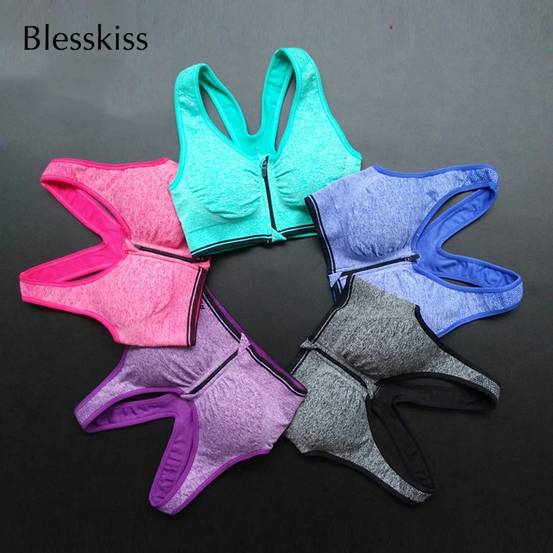 

Blesskiss Padded Sports Bra Top Women Seamless Push Up Fitness Yoga Top Front Zipper Gray Running Training Gym Bras For Ladies