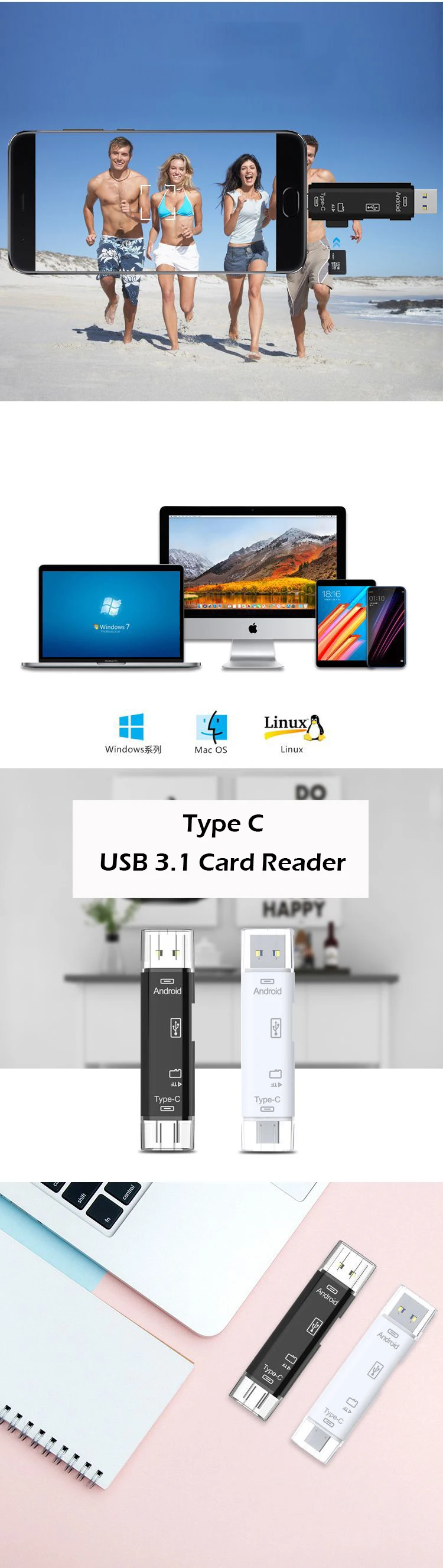 Все в 1 Usb 3,1 кард-ридер высокоскоростной SD TF Micro SD кард-ридер Тип C USB C Micro USB память OTG кард-ридер