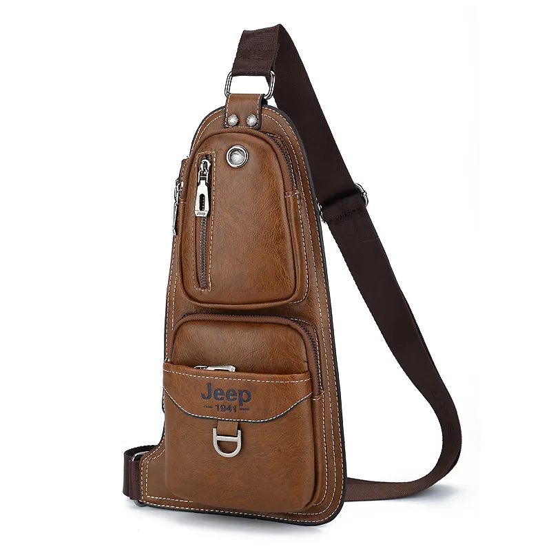 Jeep Buluo Fashion Travel Crossbody Bag Shoulder Bag Jeep Leather Chest Bag with Headset Hole