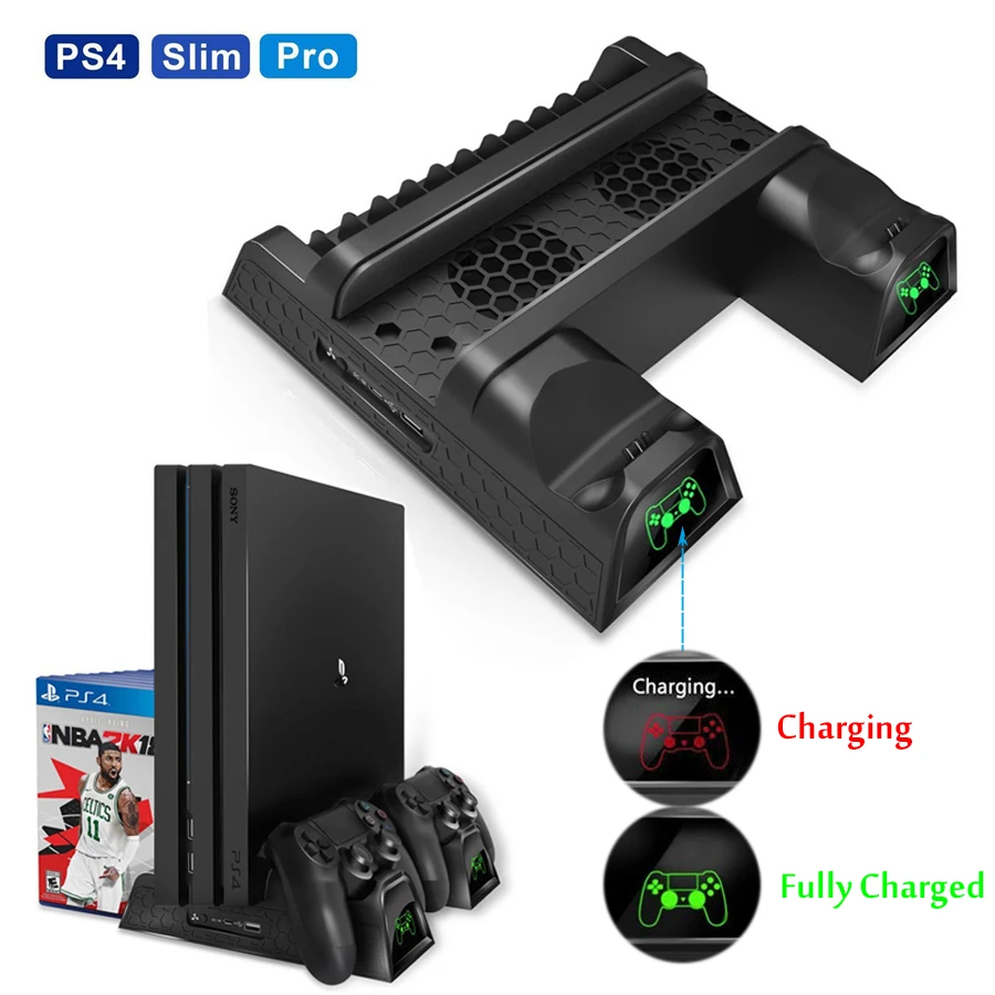 PS4 Slim Pro многофункциональная Вертикальная охлаждающая подставка кулер, PS4 Геймпад зарядное устройство с Светодиодный индикатор и дисковый накопитель