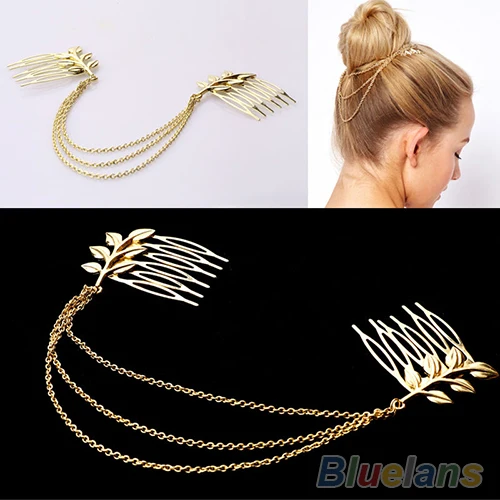 Hot Womens Personality Chic Gold Tone Leaf Hair Cuff Chain Comb Headband Hair Piece 77HB