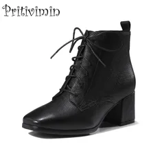 Г. Новая Осенняя женская обувь высокого качества женские ботильоны из натуральной кожи черного и винного цвета на толстом низком каблуке со шнуровкой Pritivimin FN105