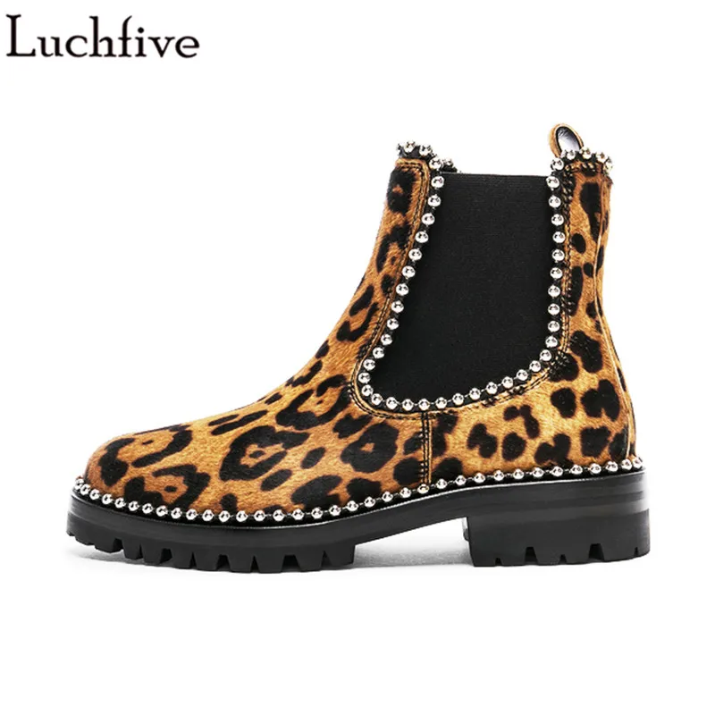 

2018 Punk style short boots string rivets studded Ankle Boots round toe horse hair leopard martin Booties Zapatos Mujer