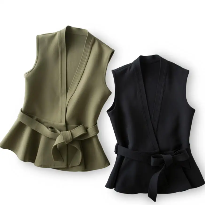 new spring and autumn women's jacket with belt ruffles vest Waistcoat Women Casual ol Coat