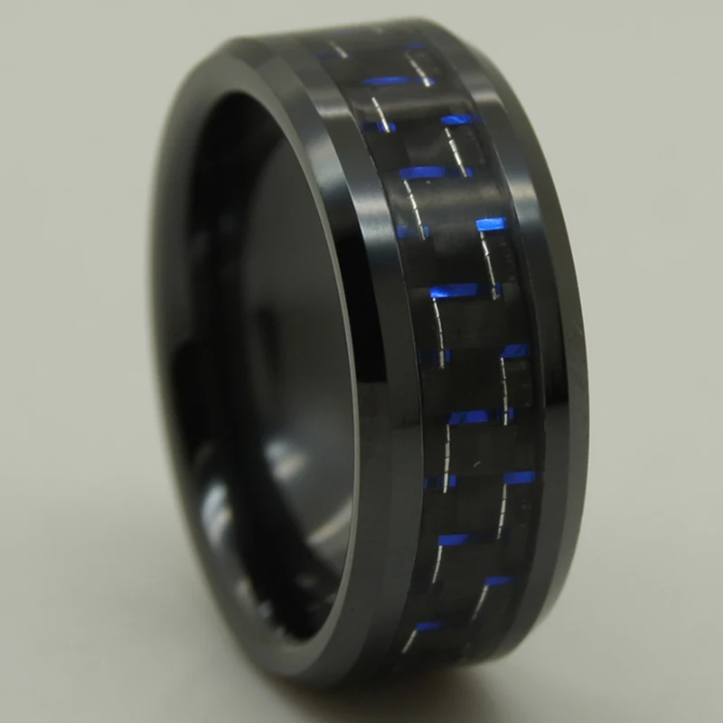 

black & blue carbon fiber inlayed black hi tech scratch proof ceramic ring 1pc