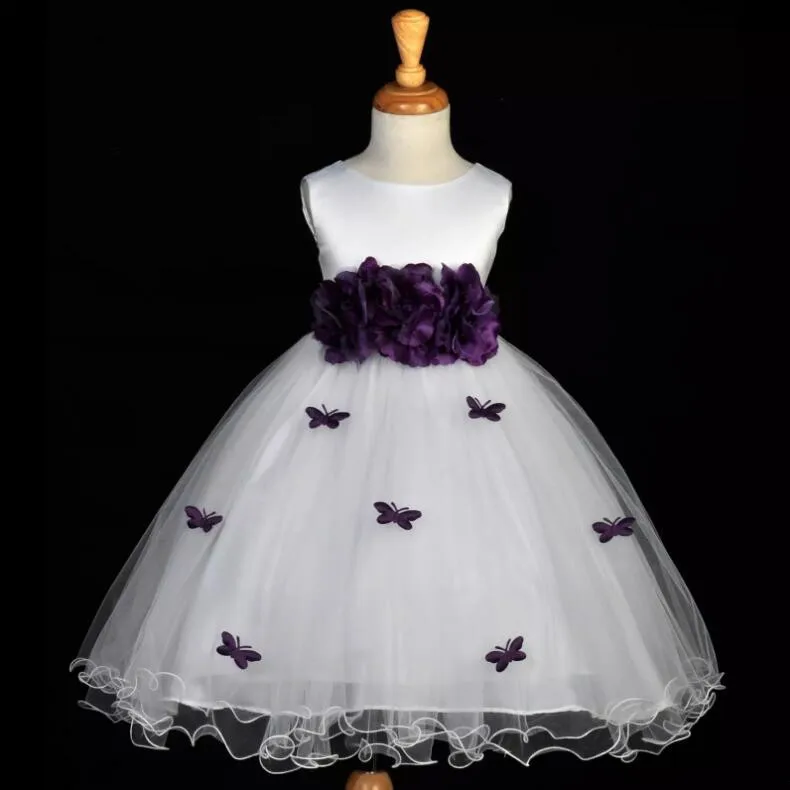 

White and Purple Flower Girl Dresses Jewel Neck Flowers Sash Ruffles Tulle A-Line Girls Pageant Dresses Size 2-16Y