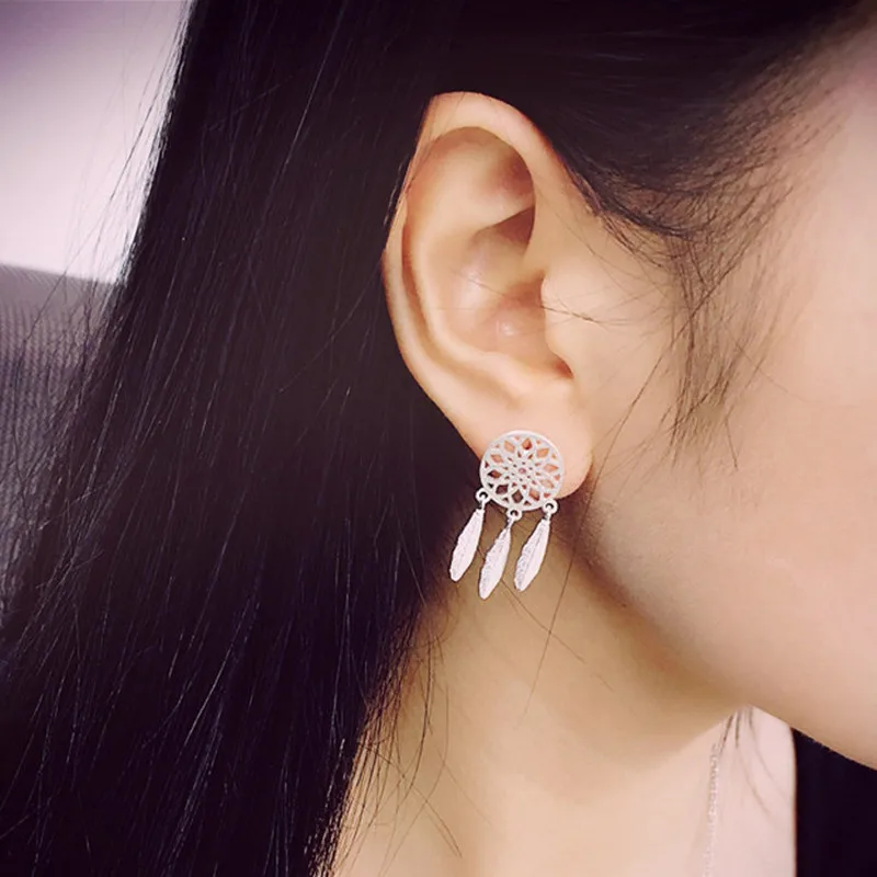 

New Fashion Silver Bohemia Nationality Indian Feather Dream Catcher Dreamcatcher Earrings Women Jewelry High Quality