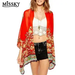Missky Для женщин Мода ретро печатных кардиган половина рукав "летучая мышь" Шифоновая блузка Топы корректирующие