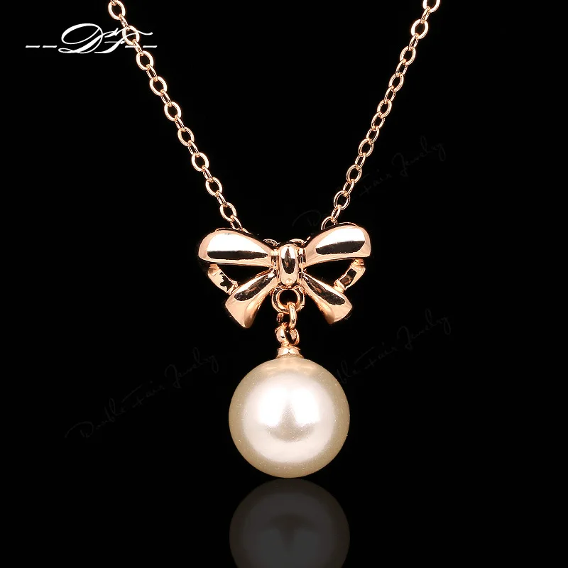 

Cute Bowknot Simulated Pearl Beads Chain Necklaces & Pendants Rose Gold Color Fashion Jewelry For Women colares DFN204