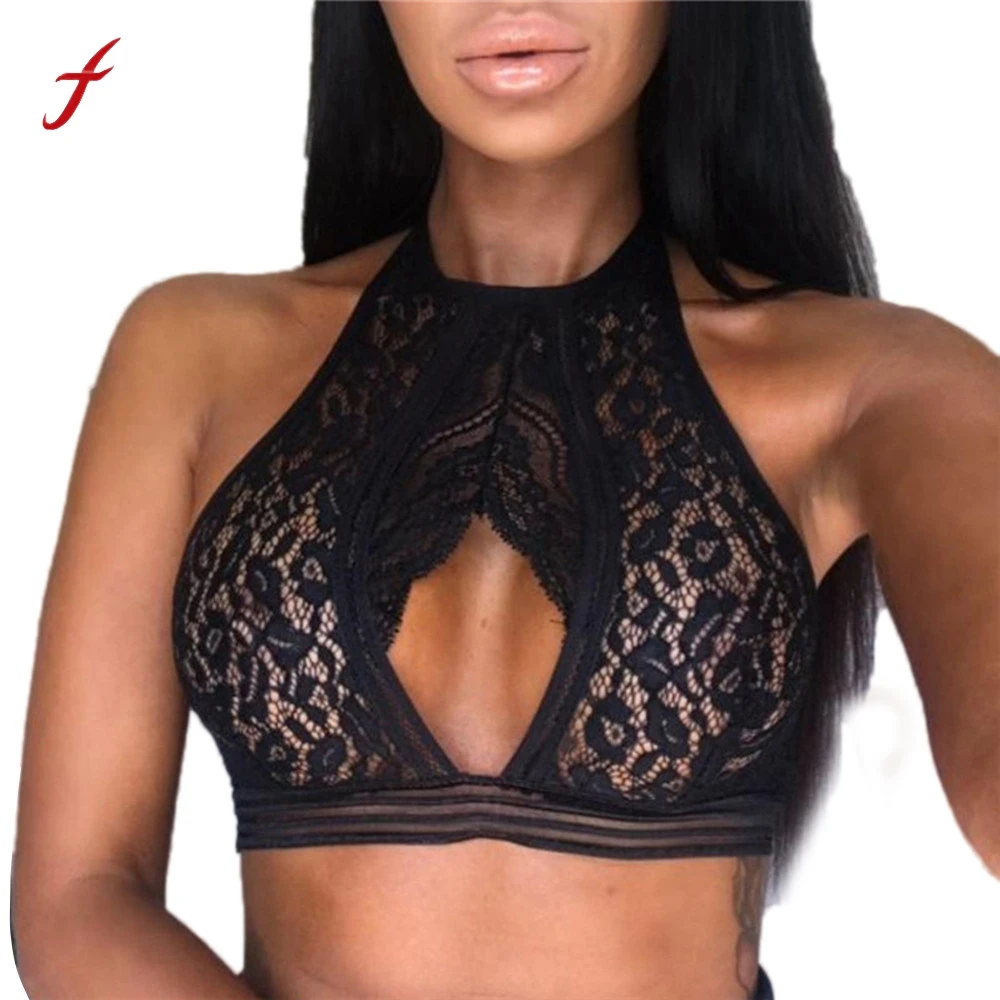 Feitong Women Sexy Lace Crop Tops Open Chest Hollow Translucent