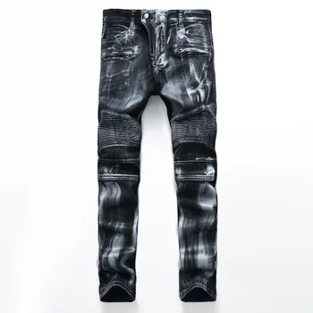 

Men Jeans Pants Pleated Slim Motorcycle Pants Full Length Trousers Splicing Light Button Denim Denim Biker Jeans Hip hop Pants
