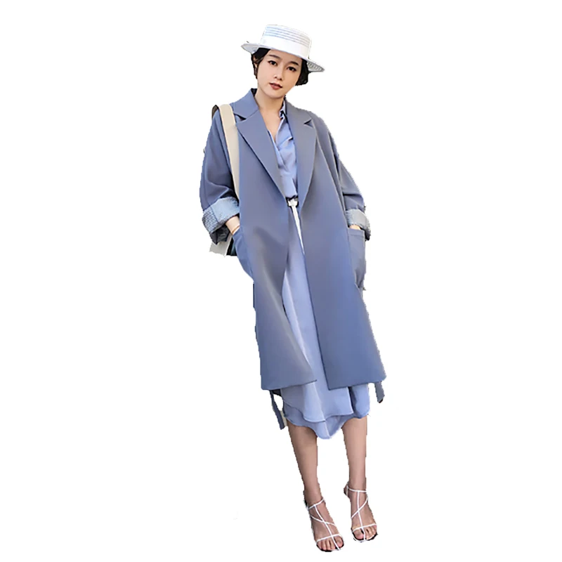 Mode Mince Manteau Kw048 Mi Haze Rétro Avec Hiver Femme Automne longue Manteaux Tranchée kahki Femmes Ceinture Solide Dame Nouvelle Blue Kulazopper qZwfxvtw