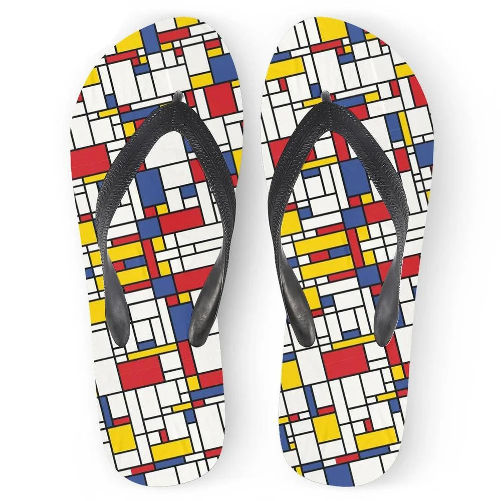 

Customized New Modern Colorful Mondrian Grid 3D Printing Soft Flats Women Flip Flops Summer Beach Sandals Casual Home Slippers