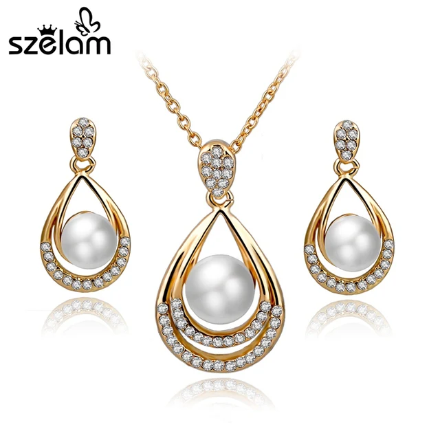 Szelam Teardrop Necklace Earring Set Gold Silver Simulated Pearl Szelam Teardrop Necklace Earring Set Gold Silver Simulated Pearl Jewellery For Women Wedding Jewelry