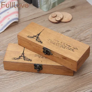

FullLove 19*7*3.8cm Retro Letter Printed Pencil Box Wood Towel Metal Lock Pen Case Jewelry Box Holder Cosmetic Makeup Organizer