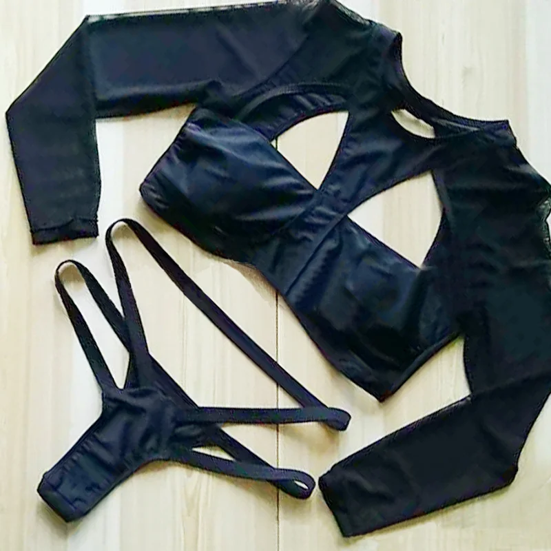 Сексуальный черный комплект бикини с длинным рукавом и высоким вырезом, бандажный купальник, женский купальник с вырезами, облегающий купальник с бретельками и сеткой, купальные костюмы - Цвет: Черный