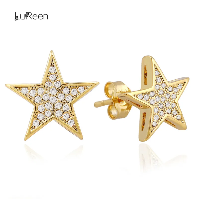 

LuReen Luxury Gold Silver Star Men's Earring Micro Pave CZ Zircon Rhinestone Stud Earrings For Women Jewelry GiftWGEH1005