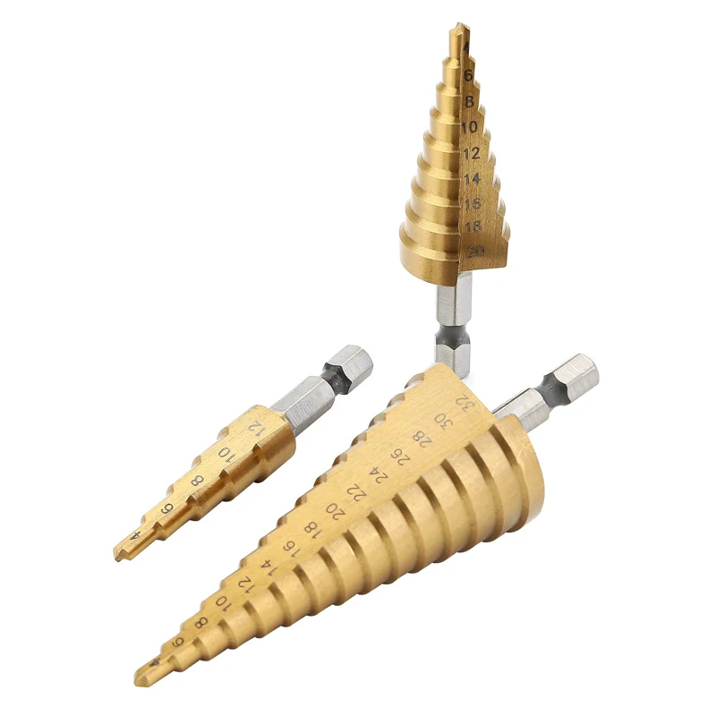 HSS Step Drill Bits Hex Shank Cone Step Core Drill Bit Hole Cutter Set 4-12mm 4-20mm 4-32mm Metric Spiral Stepped Metal Drilling