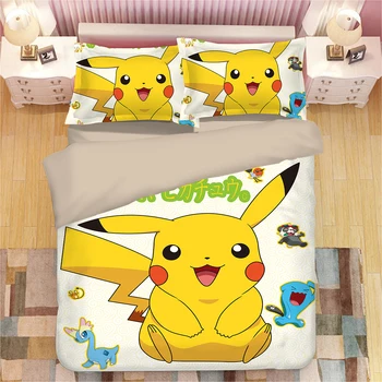 

3D Cute Pikachu Printed Bedding Set Home Textile Cartoon single Duvet Cover Set white yellow luxury Bedclothes for Kids Adults
