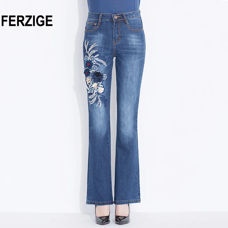 

FERZIGE Women's Jeans High Waist Elasticity Slim Fit Push Embroidered Denim Jeans Appliques Flowers Flare Pants Female Trousers