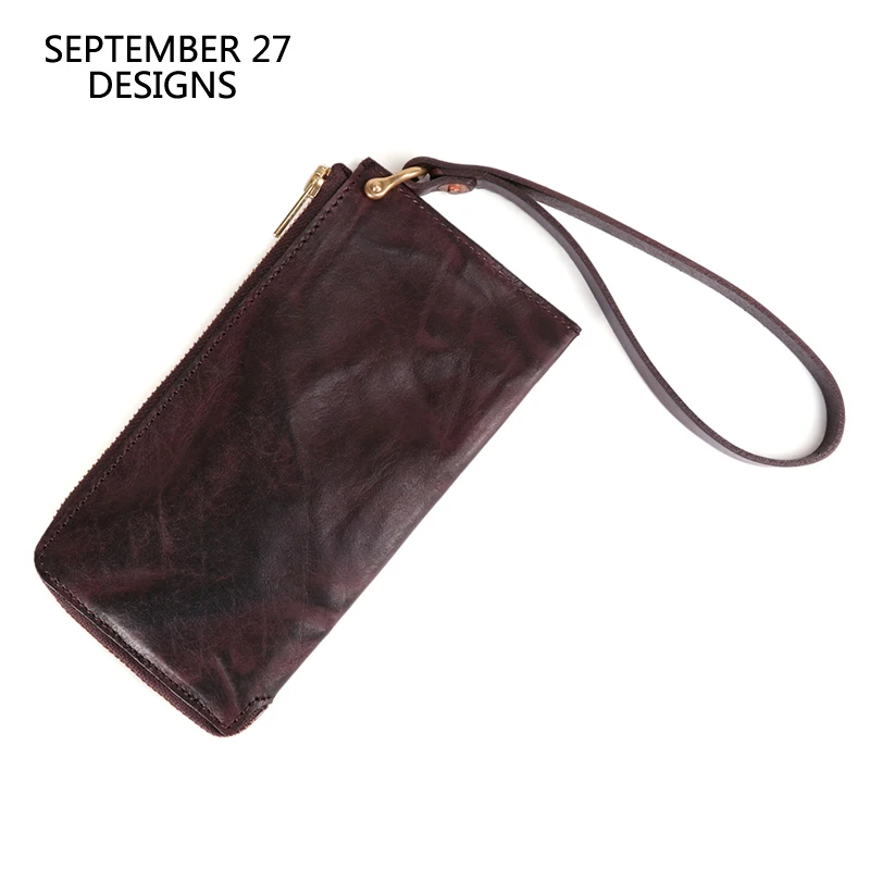 

Long Wallet Men Genuine Leather Luxury Retro Male Clutch Phone Wallets Vegetable Tanned Leather Vintage Men's Credit Card Purses