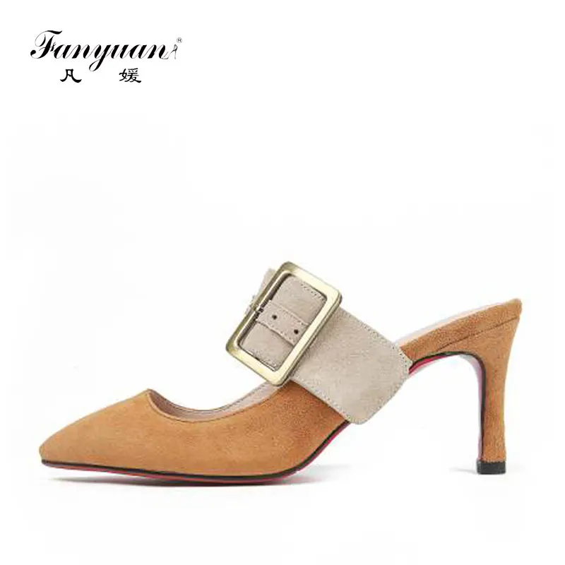 

Fanyuan Elegant Pointed Toe Slingback Mules Shoes Woman Slippers High Heels Flip Flops Women Nude Leather Slides Sandals Pink
