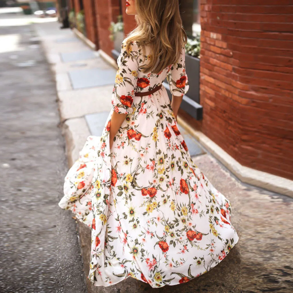 Модное летнее женское Повседневное платье с рукавом до локтя, платья в стиле бохо с цветочным принтом, праздничные платья длиной до пола, 40