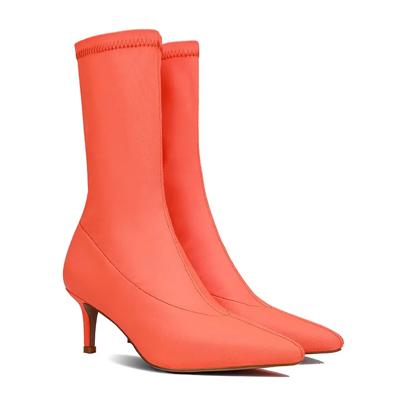US4-11 Womens Pointed Toe Socks Tube Stretchy Mid Calf Boots High Stilettos Heel Sexy Pull On Shoes Slim 3Colors Plus Size A1089