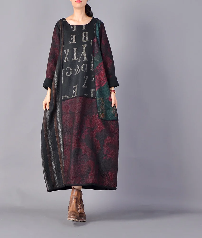 

2019 Winter Ladies Dress New Loose Large Version of Women's Mosaic Robes European and American Style Printed Woolen Dress