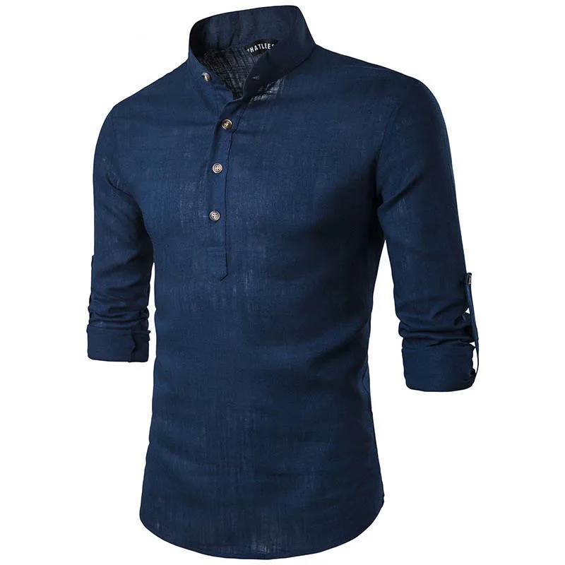 

2019 Spring Summer Men`s Linen Cotton Blended Shirt Mandarin Collar Breathable Casual Male Hawaiian Stand Collar Shirts Y
