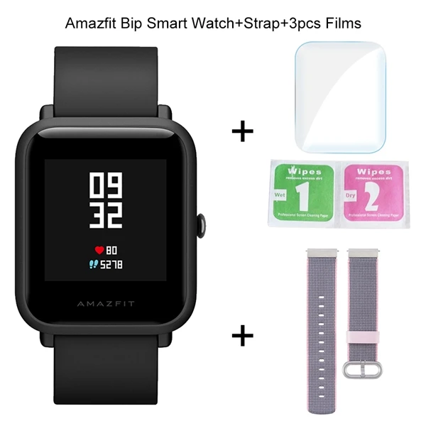 Add 1 Strap 3 Films Оригинальные Смарт-часы Xiaomi Amazfit Bip Bit Lite, молодежные, gps, умные часы, IP68, водонепроницаемые, 45 дней, срок службы батареи, глобальная версия - Цвет: Add 1 Strap 3 Films
