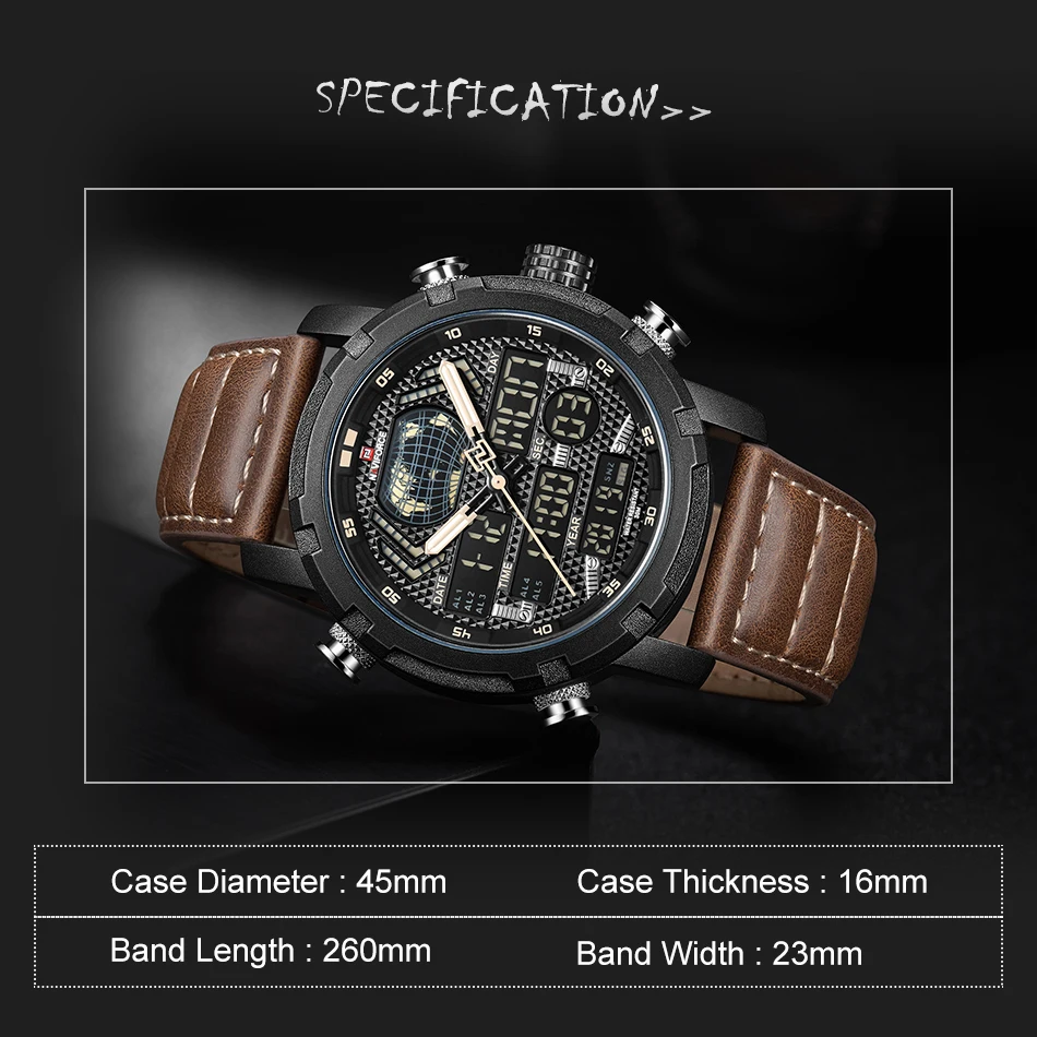 NAVIFORCE Mens Watches Top Brand Luxury Sport Watch Men Leather Strap 30M Waterproof Miliary Dual Display Wrist Watch Clock 2019
