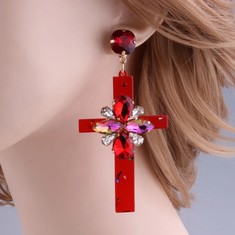 red Серьги-подвески NeeFu WoFu из смолы с крестиком, брендовые большие серьги с кристаллами, большие длинные серьги Brinco, аксессуары для ушей, Oorbellen, рождественский подарок - Окраска металла: red