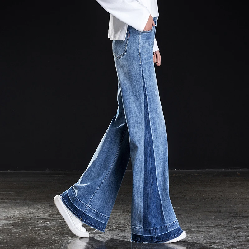Koop 2019 Nieuwe Elasticiteit Hoge Taille Vrouwen Full Length Flare Jeans Hoge Kwaliteit Patchwork gebleekte Losse Wijde Pijpen Broek Lente Zomer