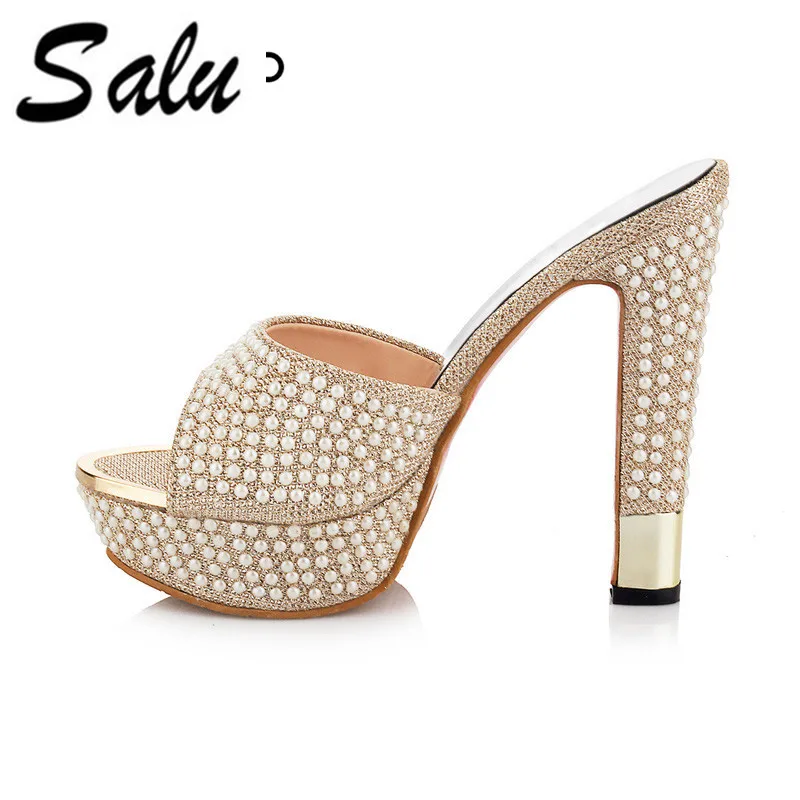 

Salu Women Sandals Square High Heel PU Patent leather Women Shoes White gold Ladies Wedding Shoes Size 34-42